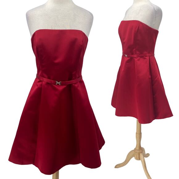 Vintage 90s Strapless Fit & Flare Mini Dress Belted Waist Satin Red Womens 8 - Picture 1 of 7